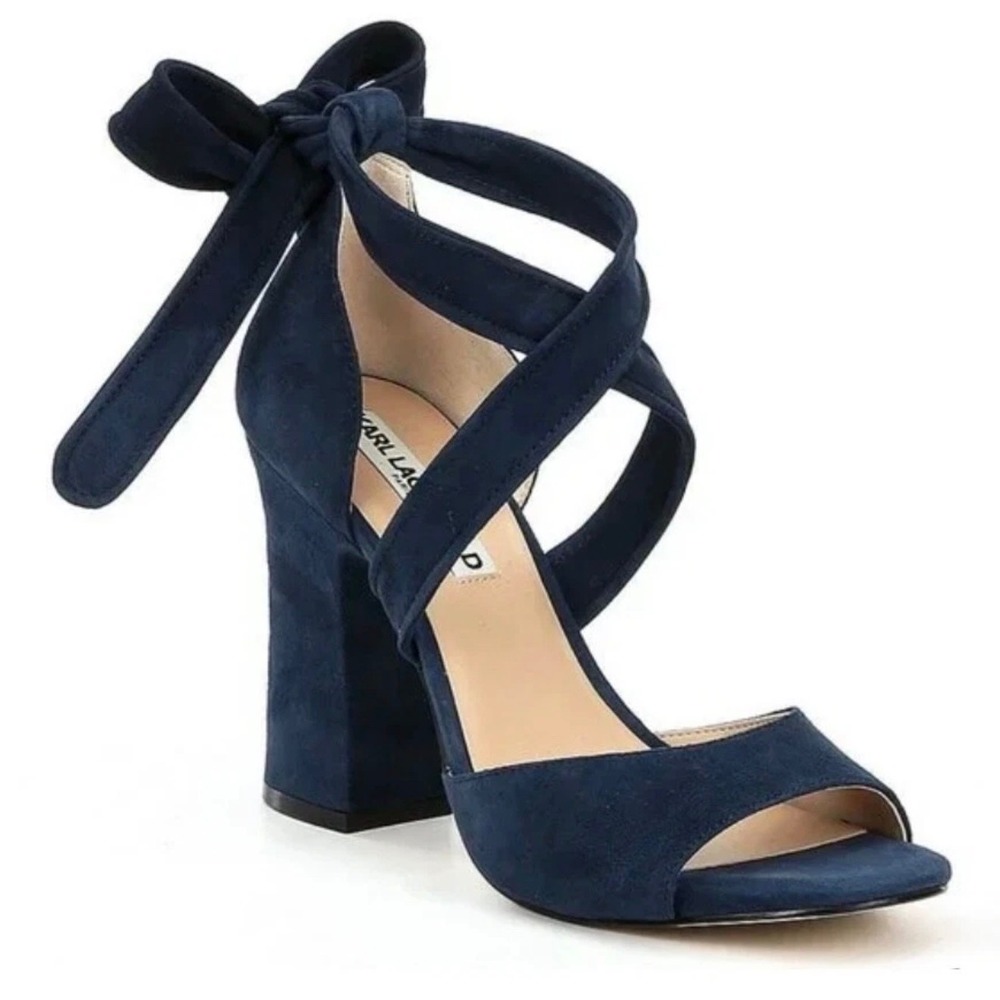 Karl Lagerfeld Classic Racha Suede Ankle Tie Block Heel Sandals Womens 10 Black